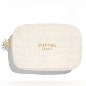 CHANNEL Beaute Cosmetic Makeup Bag Pouch Clutch White with Gold Logo